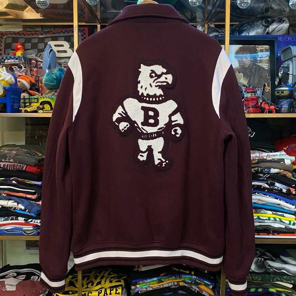 Bershka Varsity Letterman Jacket Mens Size XL Burgundy Eagle Patch Bomber